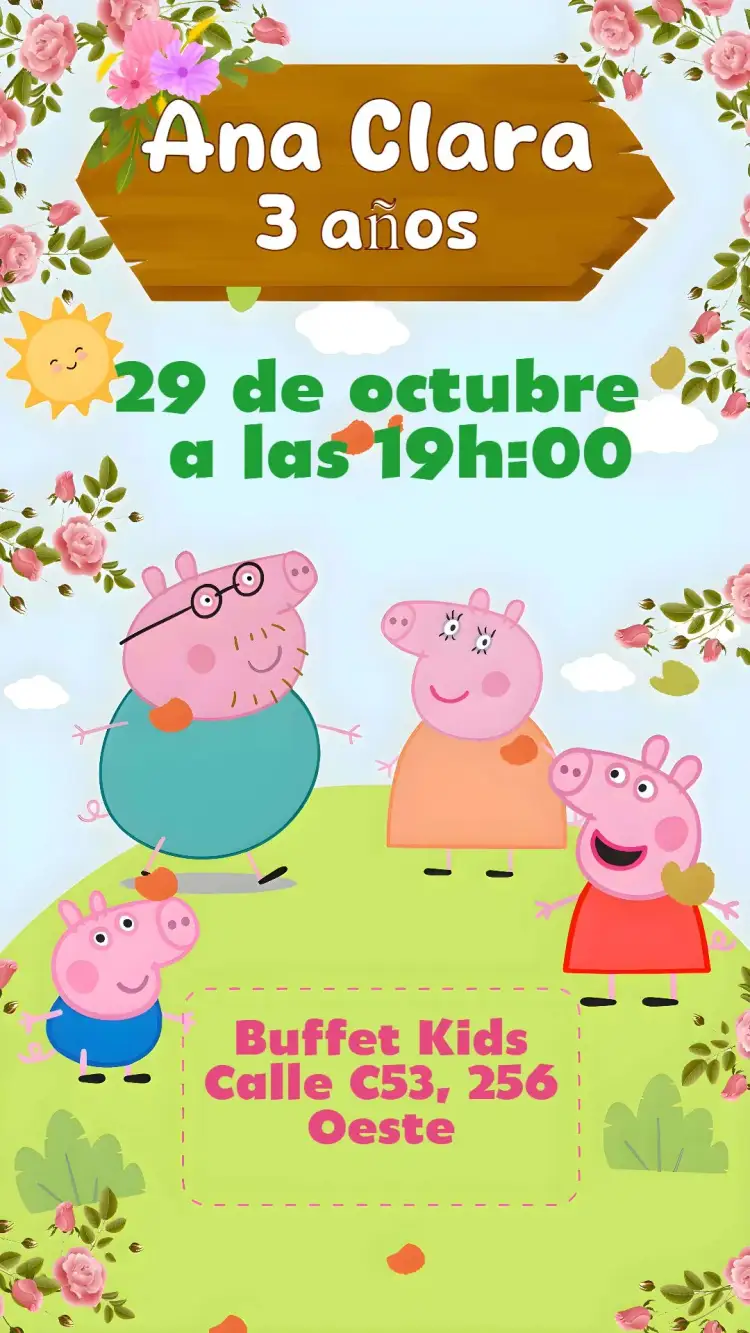 Invitación Pepa Pig – tema Cumpleaños Infantil colorido, divertido, ilustraciones infantiles, frases alegres, estilo de dibujos animados, tema de televisión