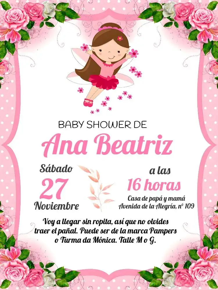 Invitación Baby Shower Hada Blanca – tema Baby Shower flora, acuarela, pastel, mágico, delicado, infantil