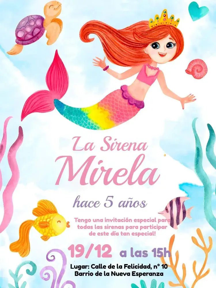 Invitación Sirena Del – tema Cumpleaños Infantil fondo marino, colores pasteles, elementos marinos, ilustraciones lúdicas, estilo divertido, diseño encantador