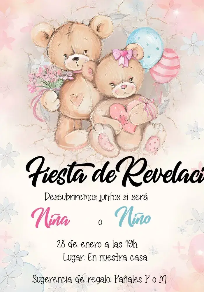 Invitación Baby Shower de Revelación Ositos