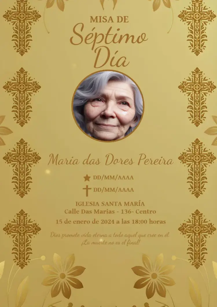 Invitación Misa De Séptimo Día Con Foto Dorada – tema Fechas Conmemorativas dorado, elegante, clásico, minimalista, sutil