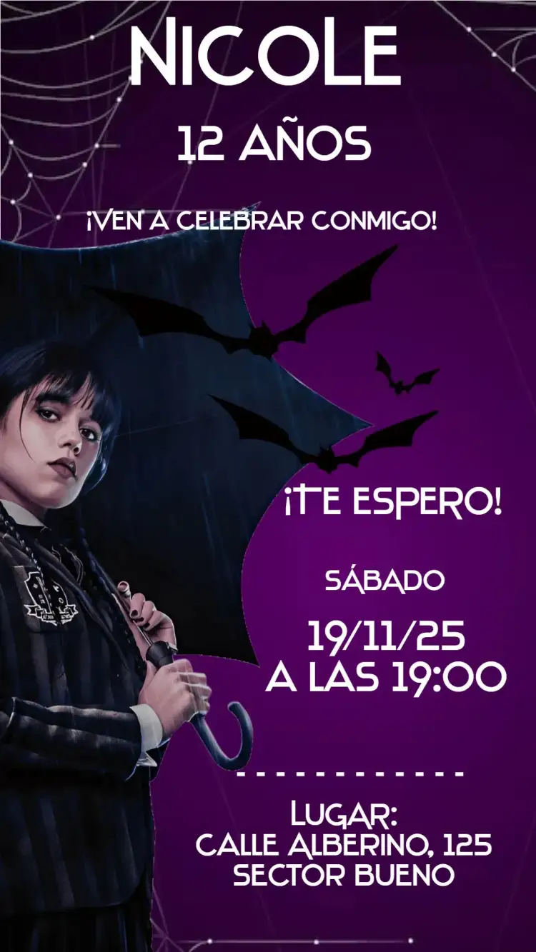 Invitación Wandinha – tema Cumpleaños temática de aventura, colores vibrantes, ilustraciones lúdicas, estilo moderno, elementos gráficos de fantasía