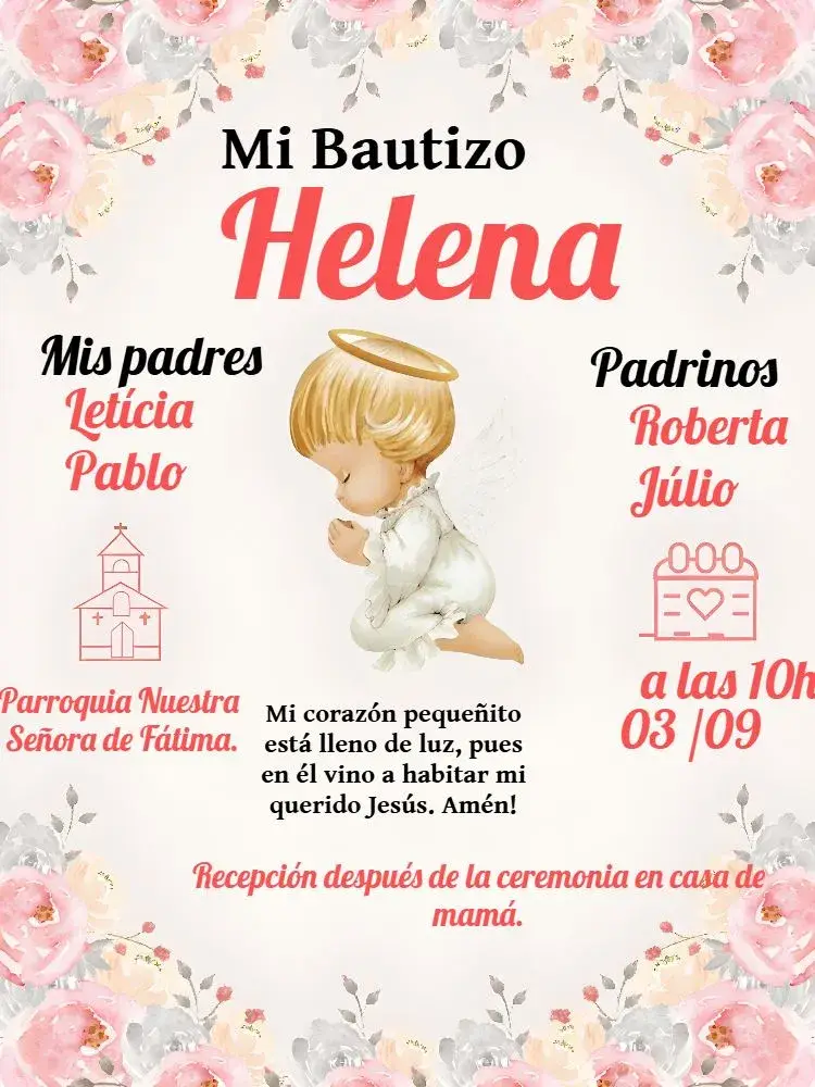 Invitación Bautizo Rosa editable y personalizable