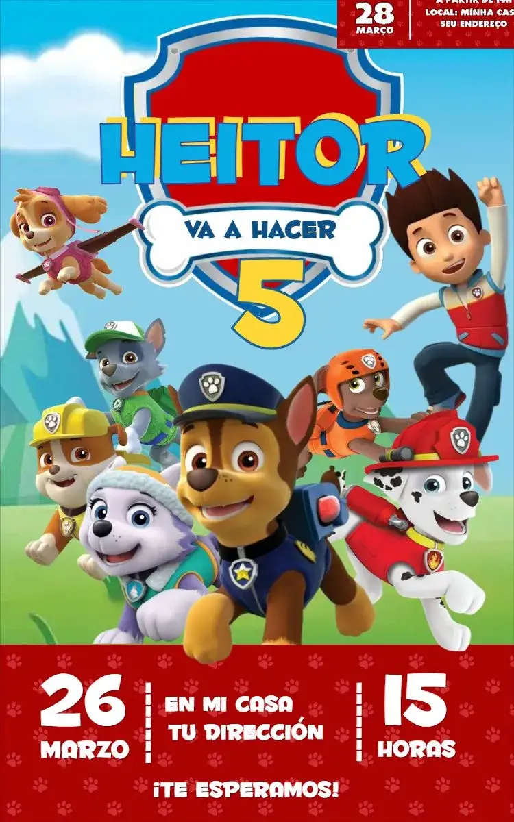Invitación Patrulla Canina 3 – tema Cumpleaños colorido, divertido, infantil, temático, animado