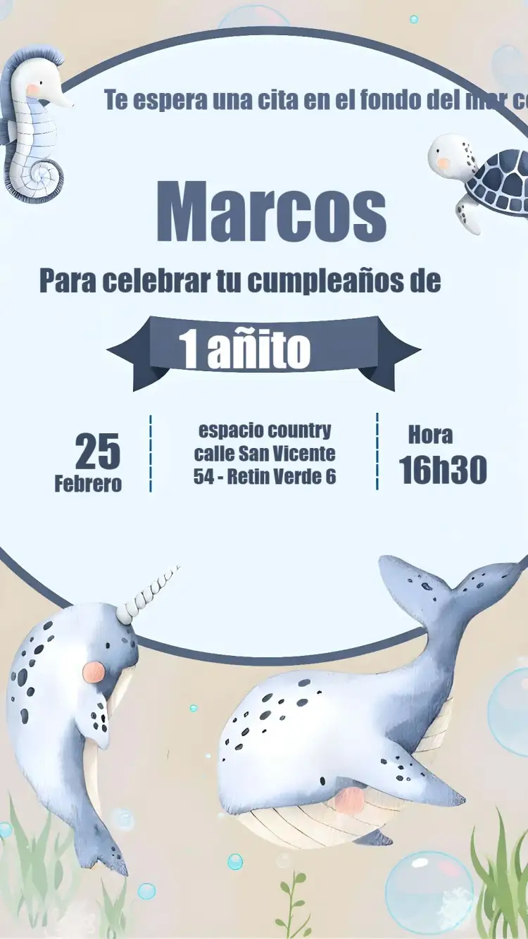 Invitación Fondo Del Mar Caballo – tema Cumpleaños Infantil azul marino, colorido, divertido, lúdico, tropical