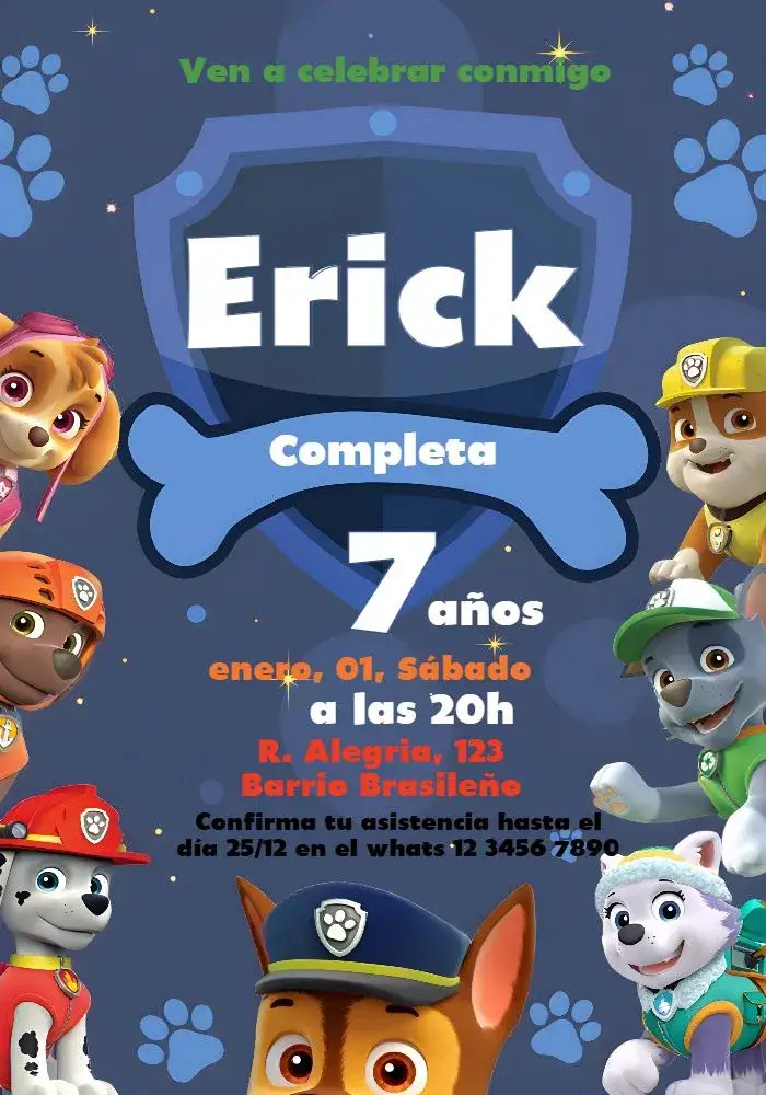 Invitación Patrulla Canina Colorido – tema Cumpleaños Infantil colorido, divertido, temático, infantil, moderno