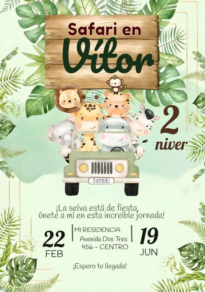 Invitación Safari Folha – tema Más buscados safari, naturaleza, infantil, divertido, colorido