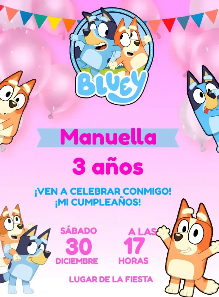 Invitación Bluey Y Bingo Rosa – tema Más buscados colores vibrantes, estilo lúdico, elementos gráficos divertidos, temática rosa, inspirado en la serie, diseño infantil