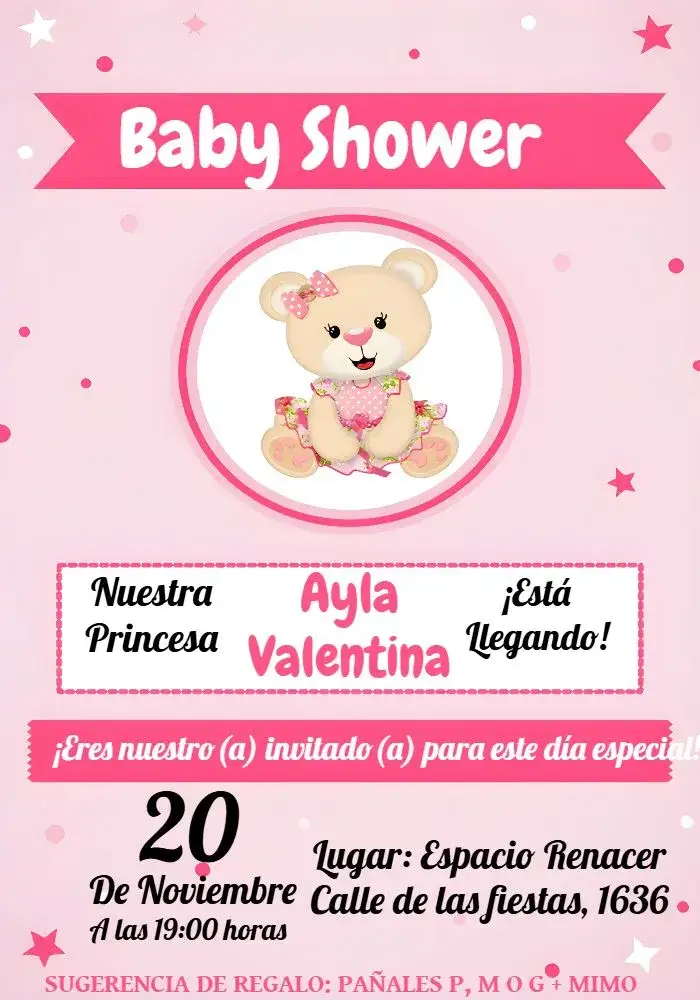 Invitación Para Baby Shower Princesa Osita – tema Baby Shower rosa suave, osita linda, infantil, delicado, festivo, alegre