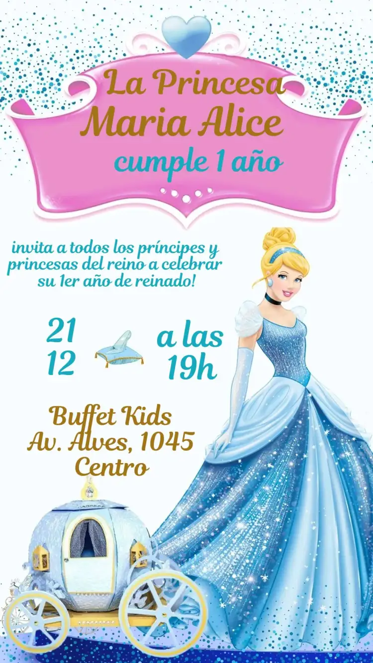 Invitación Cenicienta – tema Cumpleaños Infantil encantado, princesa, azul claro, dourado, blanco, mágico
