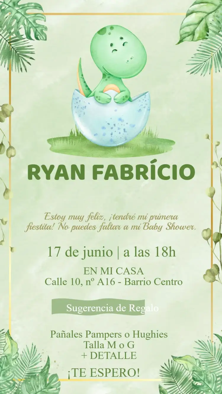Invitación Invitación Baby Shower Dino – tema Baby Shower dinosaurios, colorido, lúdico, moderno, infantil, naturaleza