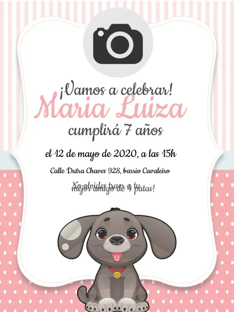 Invitación Perrita Rayada – tema Cumpleaños Infantil rosa, delicado, fofo, listrado, infantil