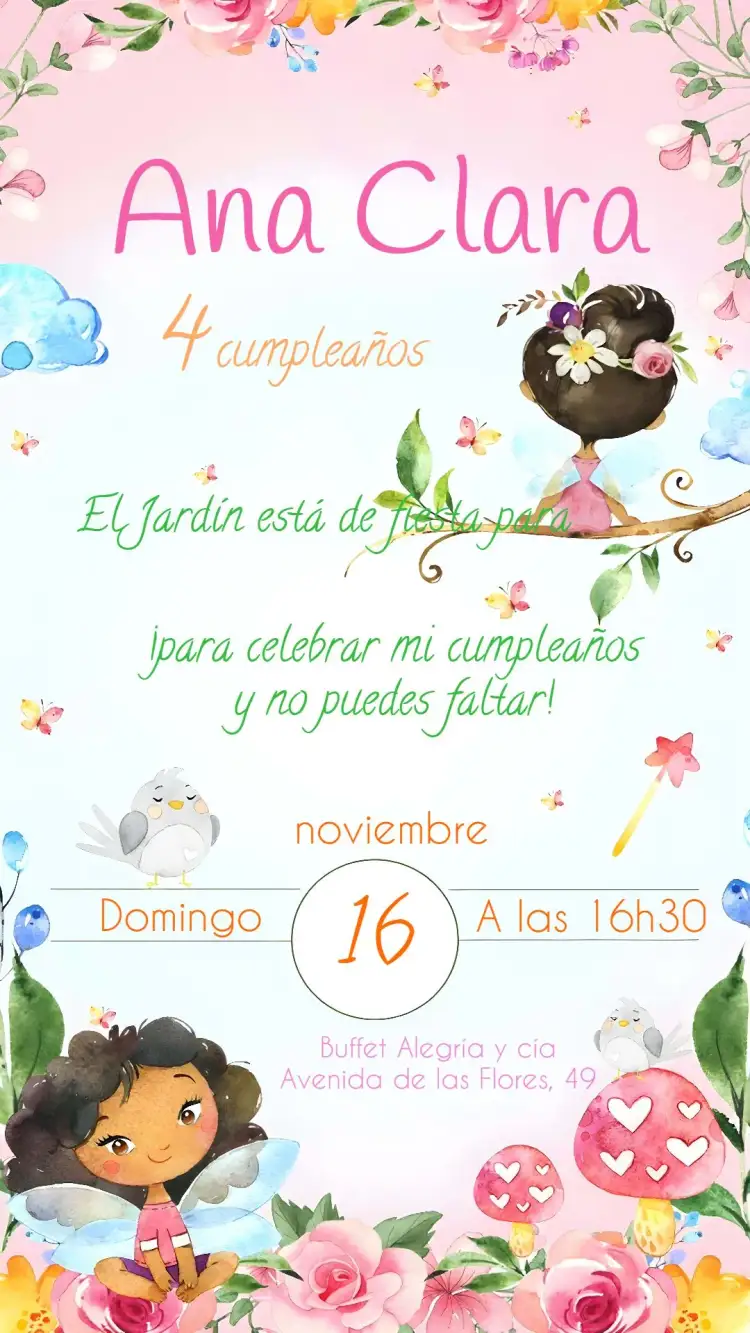 Invitación Jardín De Las Hadas Acuarela Negra – tema Fechas Conmemorativas acuarela, floral, encantado, colores suaves, mágico, infantil