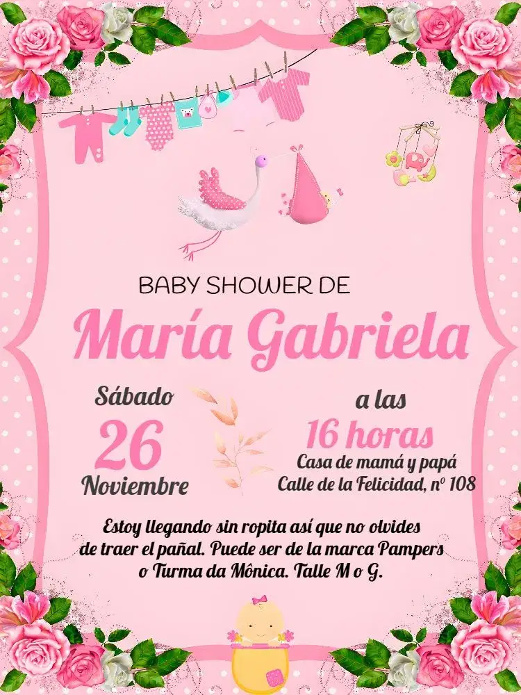 Invitación Baby Shower Varal Ropita Rosa – tema Baby Shower rosa, acuarela, delicado, infantil, floral