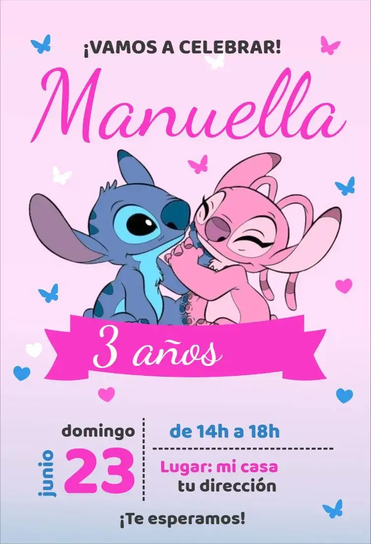 Invitación Stitch – tema Cumpleaños Infantil colorido, lúdico, divertido, rosa, temática, infantil