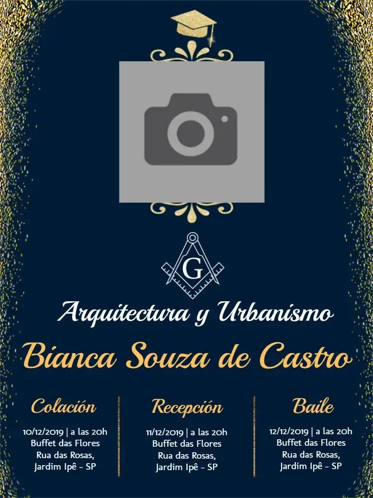 Invitación Graduación en Arquitectura y Urbanismo Con Foto Marino – tema Graduación elegante, moderno, dorado, azul marino, brillante, minimalista