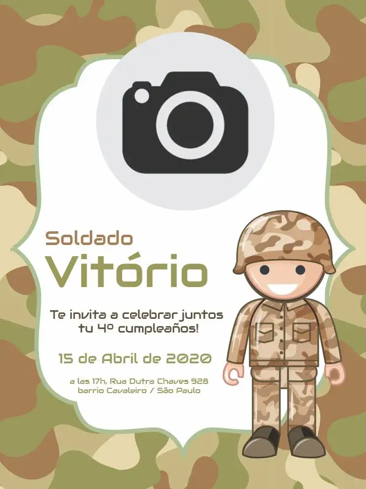 Invitación Soldado Celebración – tema Cumpleaños Infantil camuflado, militar, moderno, colorido, divertido, temático