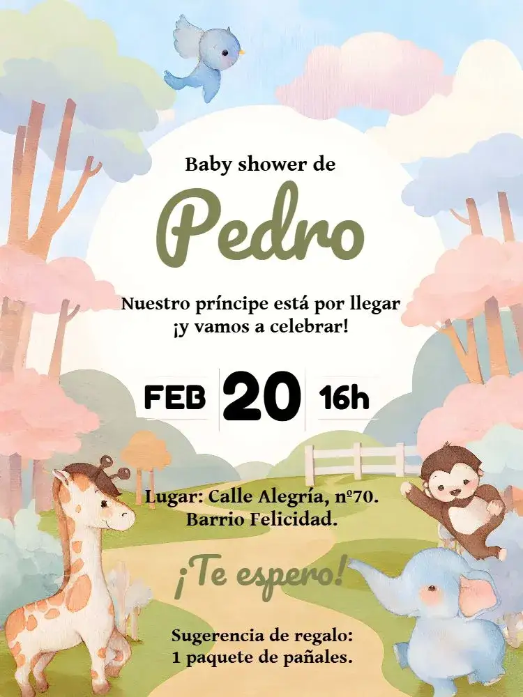 Invitación Baby Shower Safari Elephant – tema Baby Shower safari, aquarela, animales, verde, marrón, azul