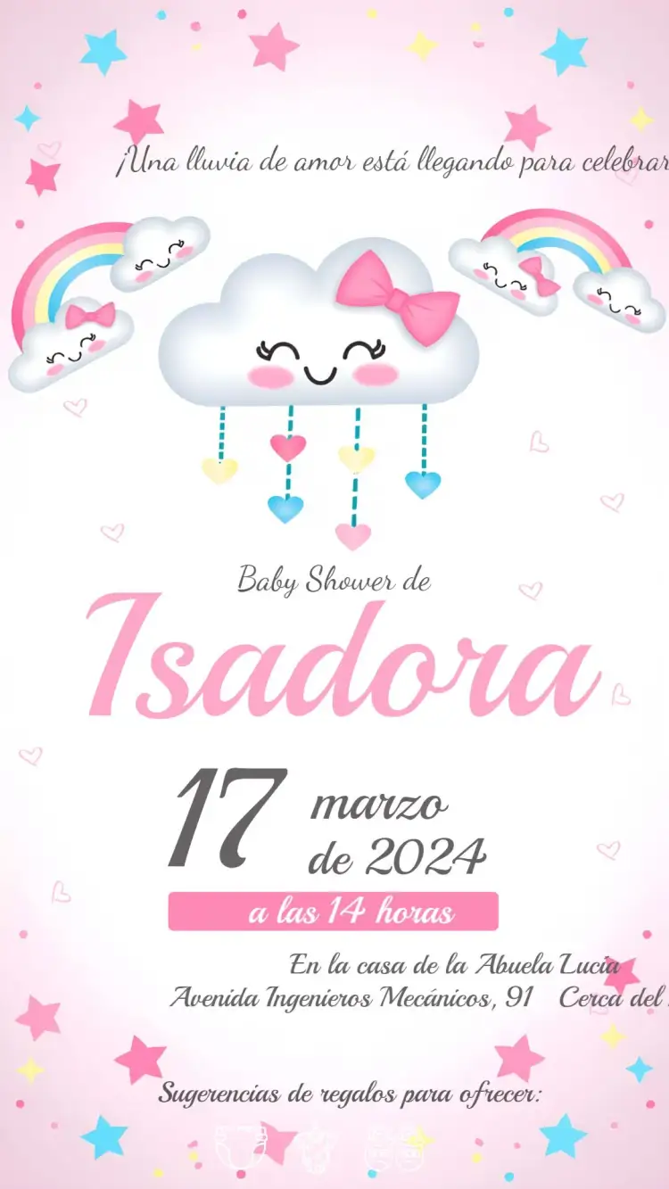 Invitación Baby Shower Rain Love Baby – tema Despedida de Soltera rosa suave, blanco delicado, gris neutro, corazones, lluvia, estilo moderno