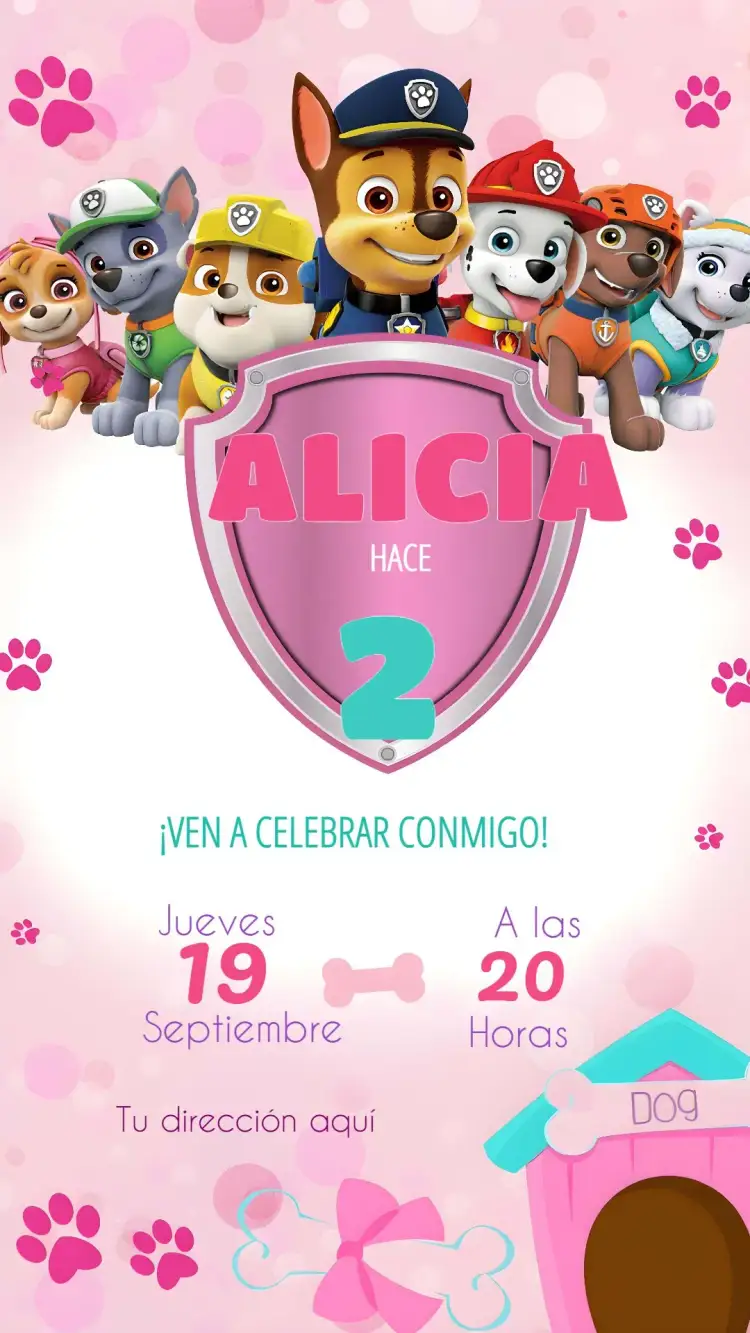 Invitación Patrulla Canina Bebé – tema Cumpleaños Infantil rosa, divertido, lúdico, infantil, colorido