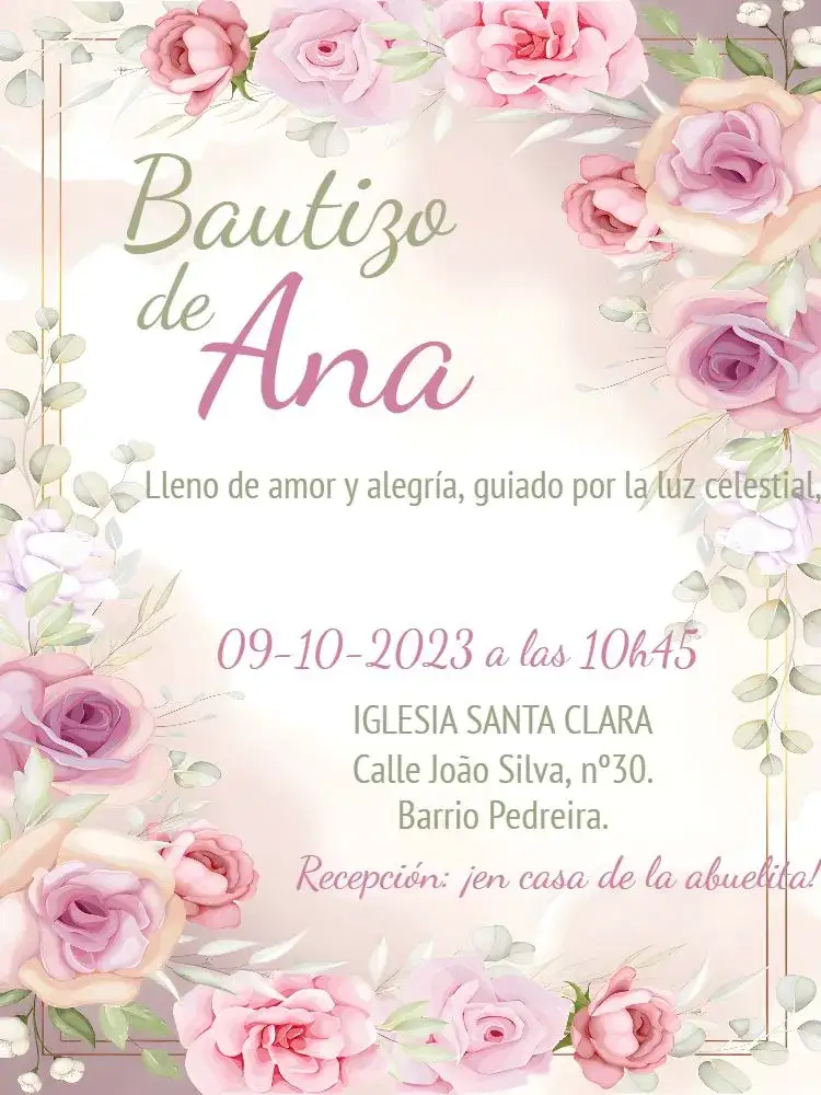 Invitación Bautizo Floral Angelito – tema Bautismo floral, morado y lila, angelito, delicado, infantil, religioso