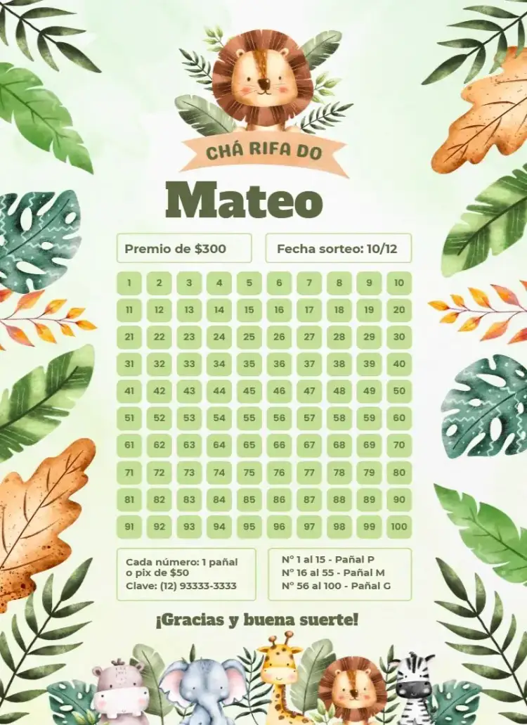 Invitación León Safari – tema Té Rifa safari, animales, colores vibrantes, ilustraciones lindas, naturaleza, divertido