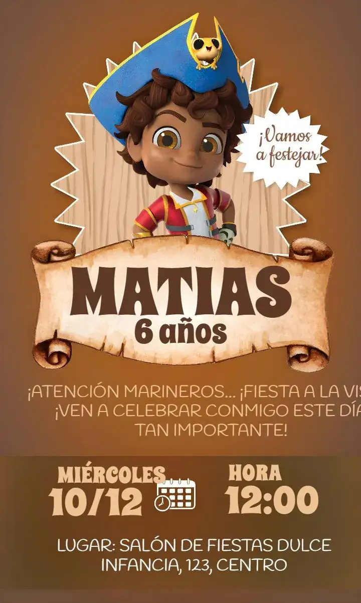 Invitación Santiago Dos Mares Marrom – tema Fechas Conmemorativas marrón, náutico, aventura, infantil, lúdico