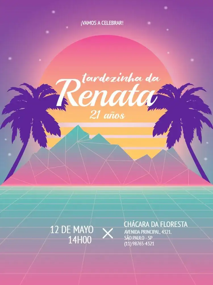 Invitación S De Tardezinha Rosa Sol – tema Cumpleaños Infantil neón, retro, colorido, geométrico, tropical, divertido