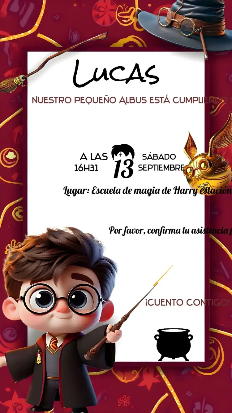 Invitación Harry Potter Rojo – tema Cumpleaños Infantil rojo, dorado, temática de Harry Potter, mágico, fantasía, juvenil
