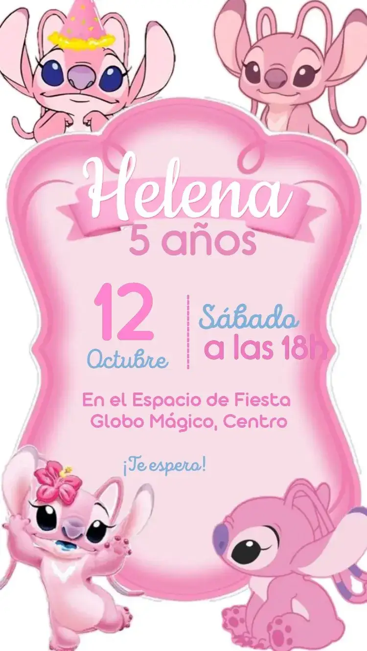 Invitación Angel Stitch rosa – tema Cumpleaños Infantil rosa, minimalista, adorable, delicado, infantil, moderno