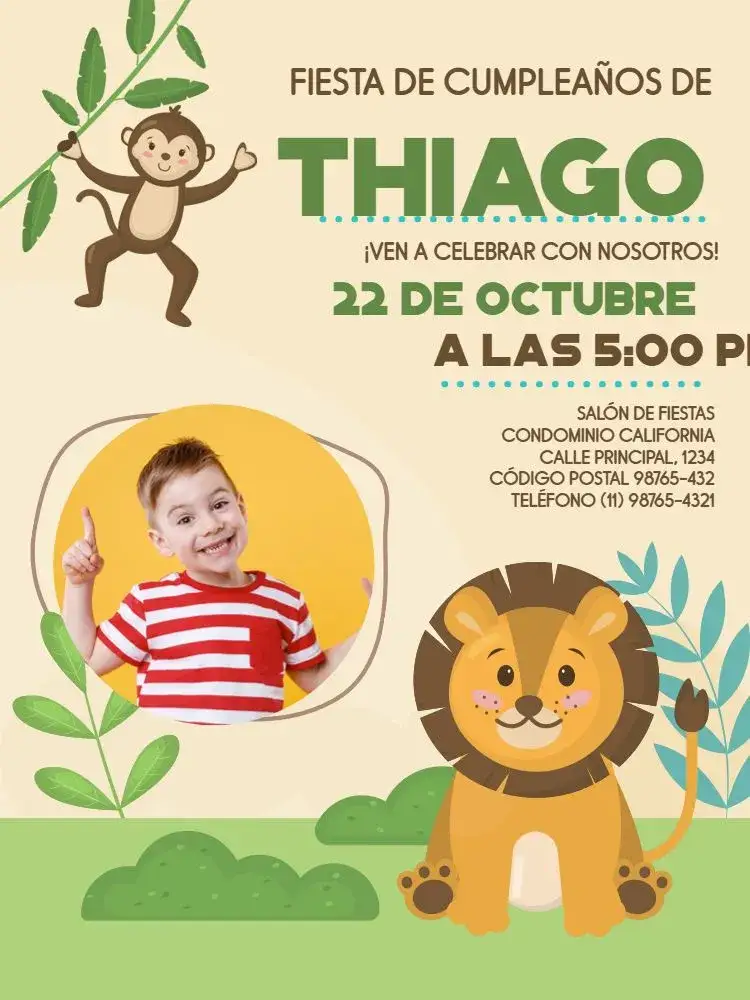 Invitación Safari Con Foto León – tema Cumpleaños Infantil safari, animales salvajes, colores suaves, lúdico, divertido