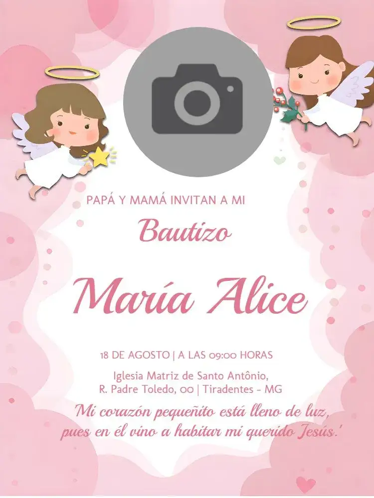 Invitación Bautizo Con Foto Iglesia – tema Bautismo delicado, ángeles, flores, rosa suave, moderno, fotográfico