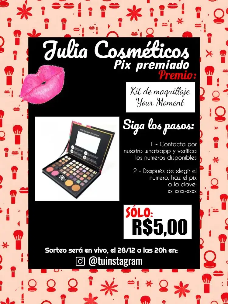 Invitación Pix Premiado Maquillaje Boca – tema Cartones moderno, vibrante, elegante, femenino, artístico