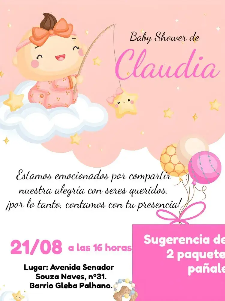 Invitación Baby Shower Niña Rosa – tema Baby Shower tono rosa suave, nubes esponjosas, estilo lúdico, elementos festivos, globos de colores, toque delicado