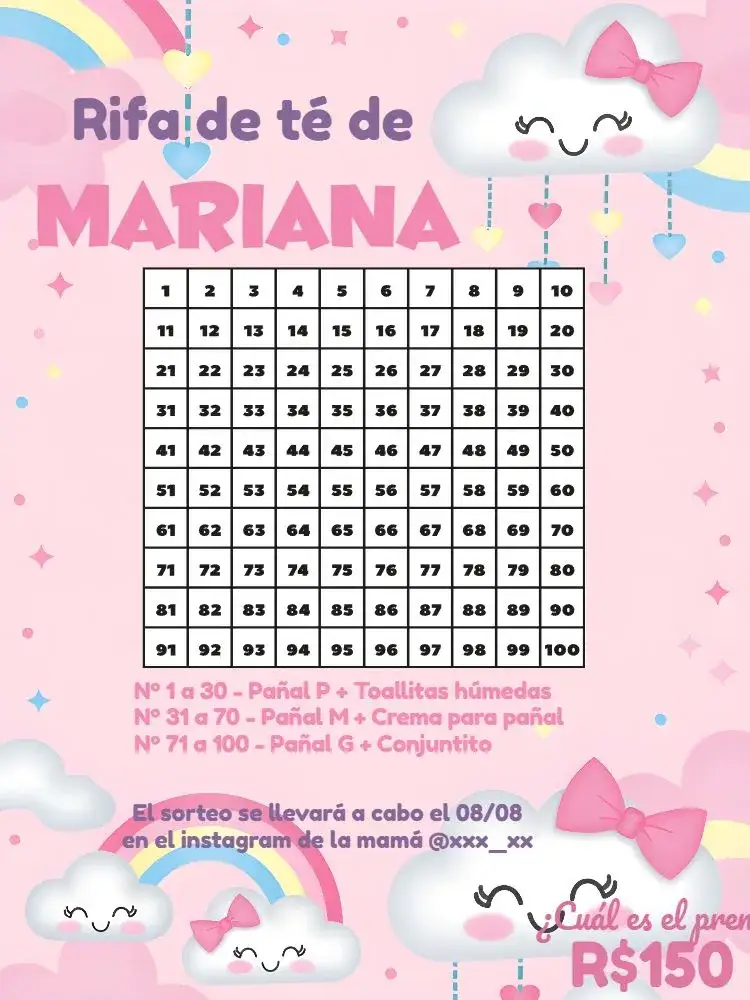 Invitación Té Rifa Lluvia De Bendiciones Bebé – tema Té Rifa rosa, púrpura, blanco, gris, azul, princesa