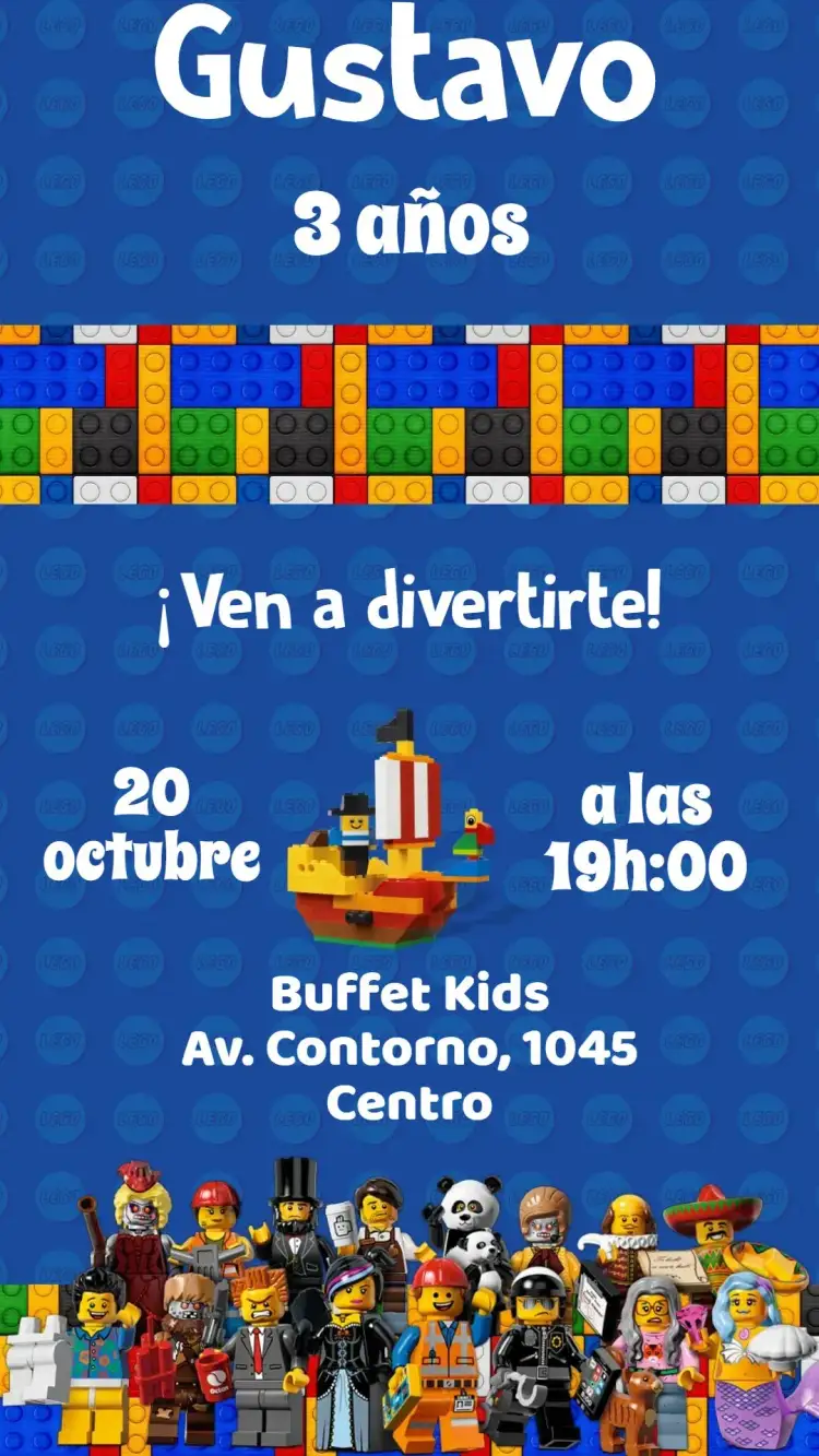 Invitación Lego – tema Cumpleaños Infantil colorido, divertido, temático, moderno, lúdico