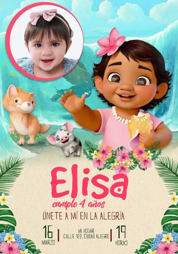 Invitación Moana Baby Con Foto Niña – tema Más buscados rosa, aventura, oceano, floral, infantil, polinésia