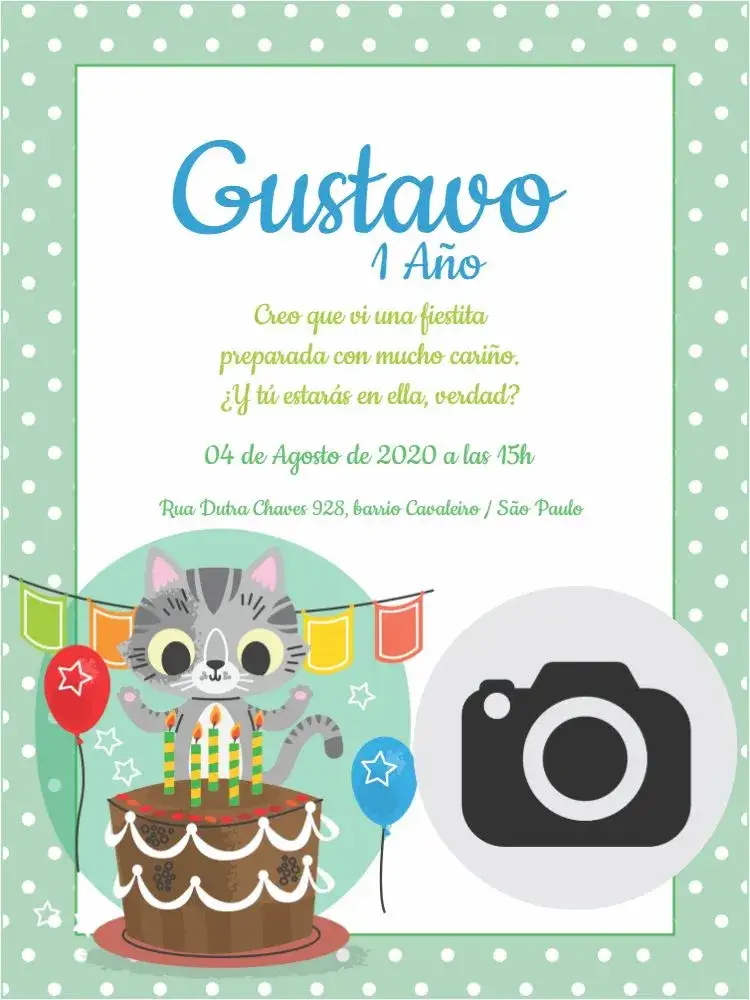 Invitación 1 Año Gatito Globos – tema Cumpleaños Infantil verde, juguetón, colorido, festivo, infantil, divertido