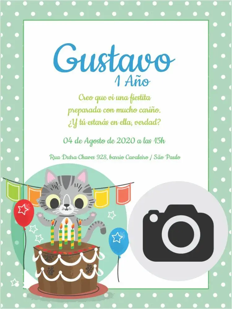 Invitación 1 Año Gatito Globos