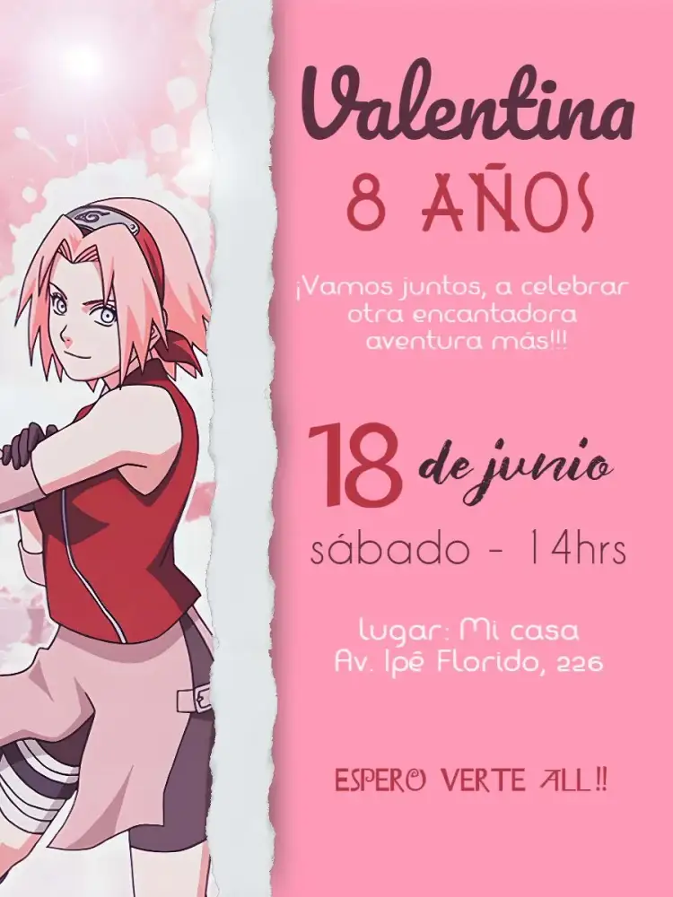Invitación Sakura Naruto Rojo – tema Cumpleaños Infantil colorido, anime, moderno, infantil, temático