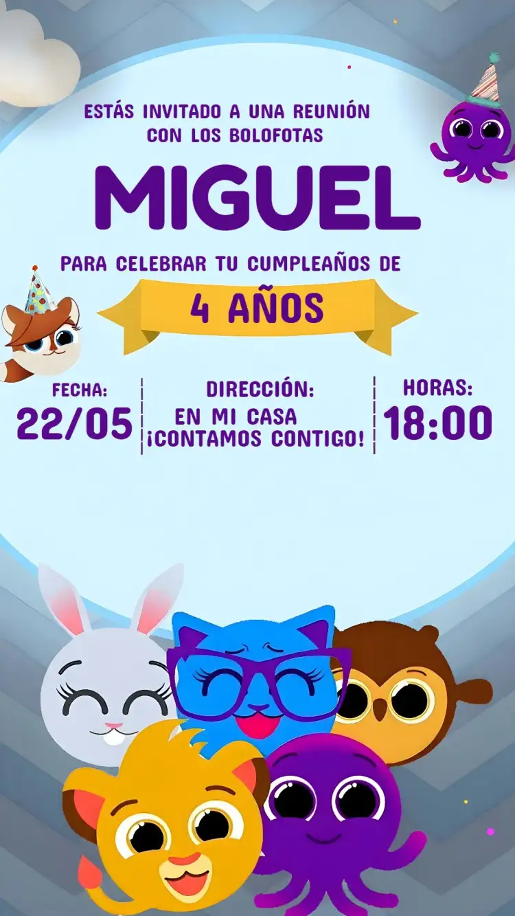 Invitación Bolofofos Morado – tema Cumpleaños Infantil colorido, púrpura, lila, divertido, lúdico, moderno