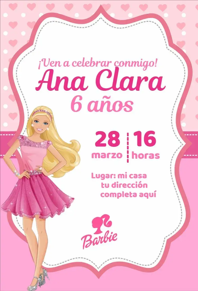 Invitación Barbie Corazones