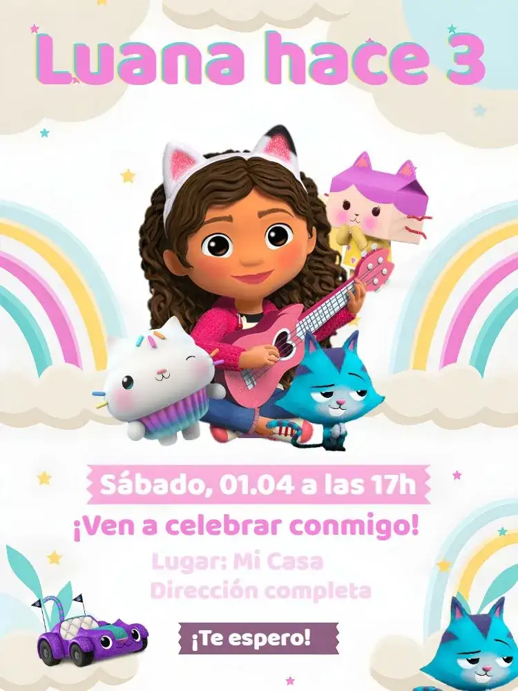 Invitación La Casa Mágica De Gabby Rosa – tema Más buscados mágico, colorido, infantil, divertido, temático