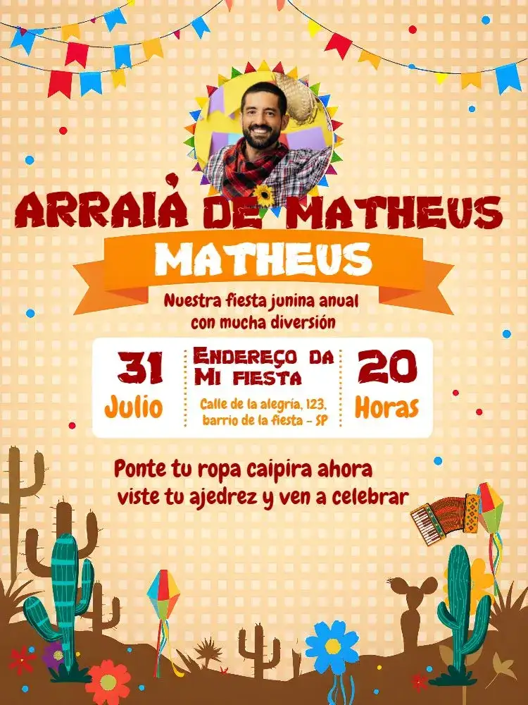 Invitación Fiesta Junina Arraiá Con Foto a Color – tema Fechas Conmemorativas colorido, tradicional, vibrante, festivo, rústico, alegre