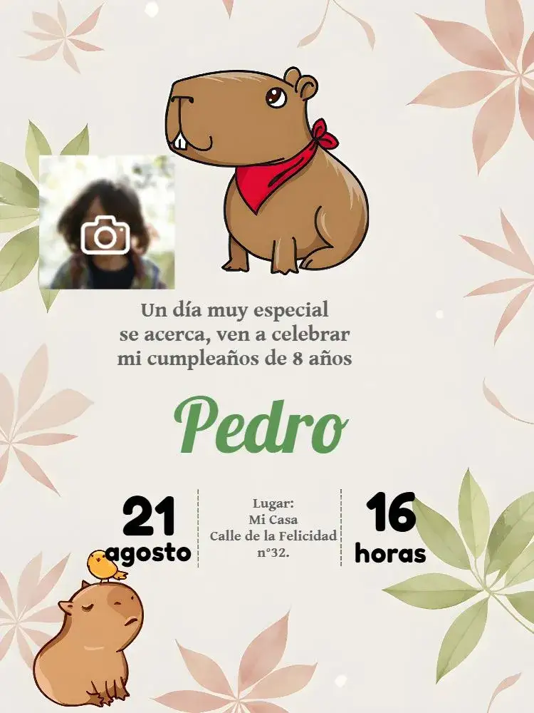 Invitación Capibara Con Foto Niño – tema Cumpleaños Infantil animal, tropical, verde, marrom, divertido, infantil