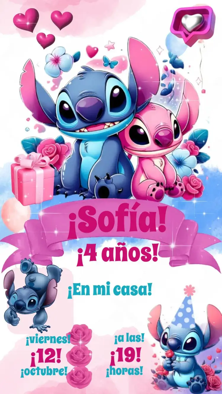 Invitación Angel y Stitch – tema Cumpleaños Infantil colorido, divertido, temático, tropical, moderno
