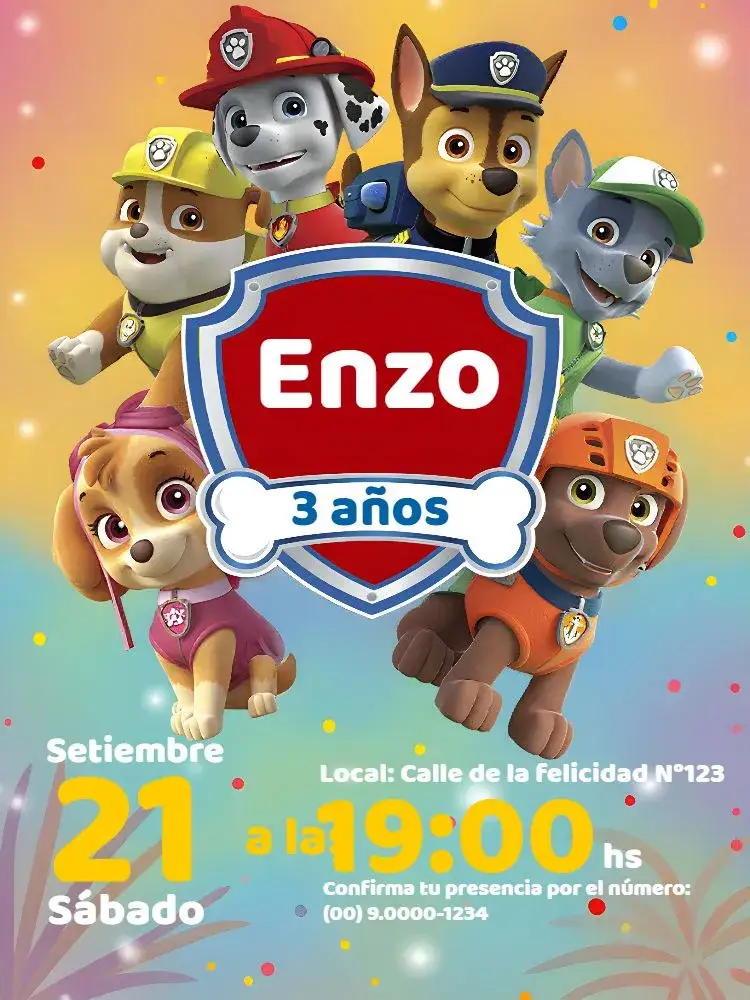 Invitación Patrulla Canina Azul – tema Cumpleaños Infantil azul vibrante, rojo alegre, estilo infantil, elementos gráficos divertidos, ilustraciones de perros, temática de aventura