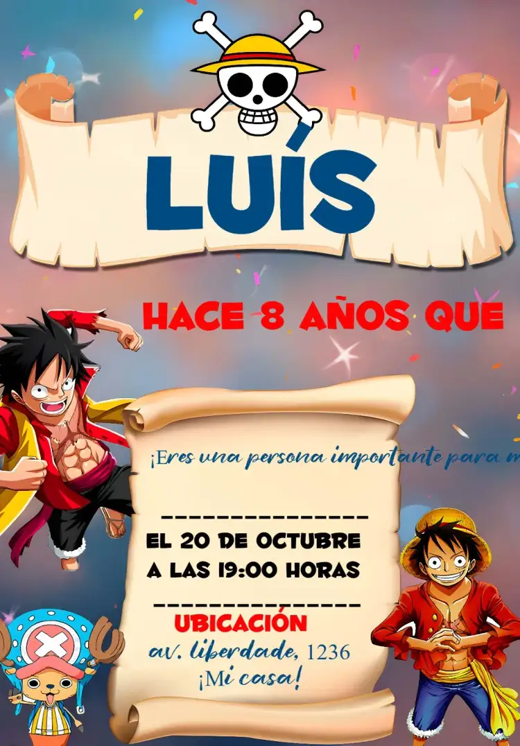 Invitación One Piece Anime – tema Más buscados colorido, aventura, marítimo, fantasía, jovial, japonés