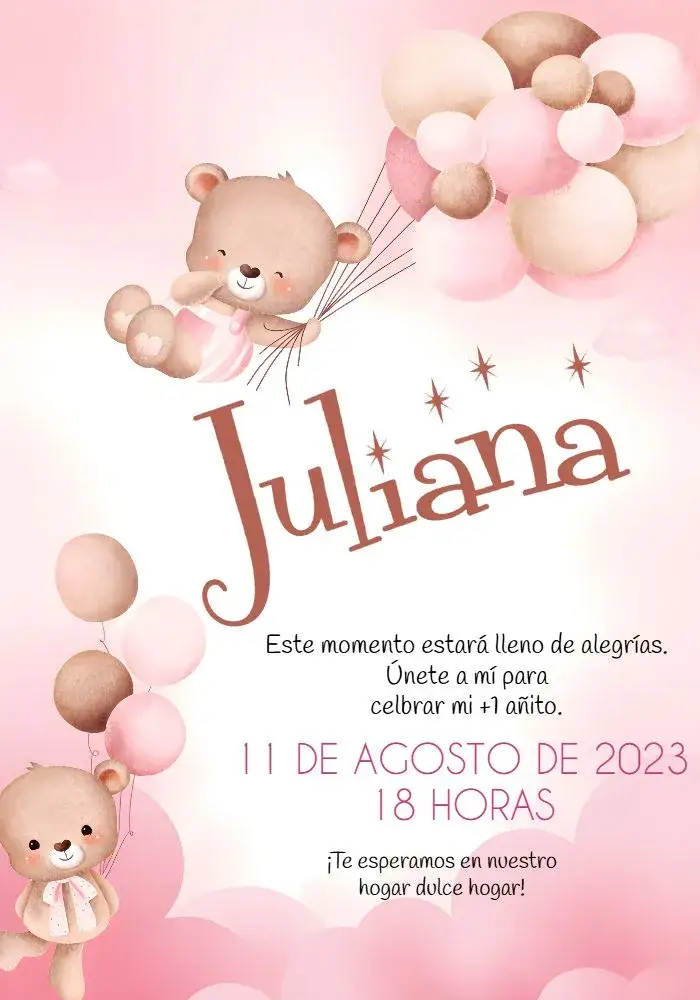 Invitación Osito Rosa Nubes – tema Fechas Conmemorativas rosa, blanco, negro, nubes, globos, lúdico