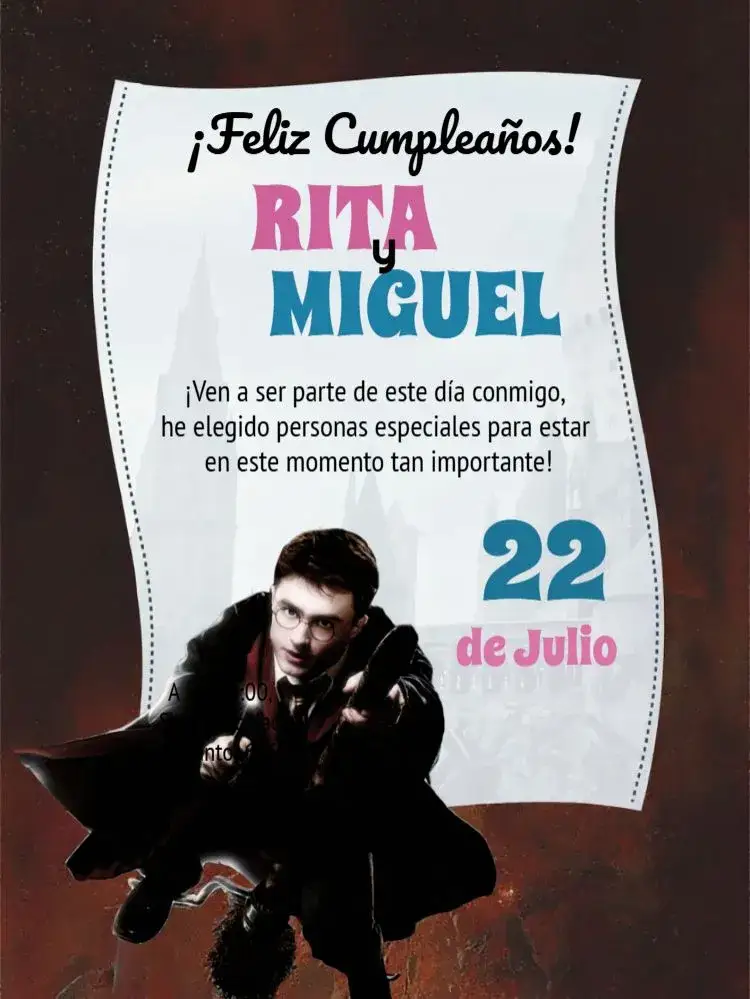 Invitación Harry Potter Hp – tema Cumpleaños Infantil mágico, fantasía, temática de Hogwarts, colores vibrantes, ilustraciones encantadoras